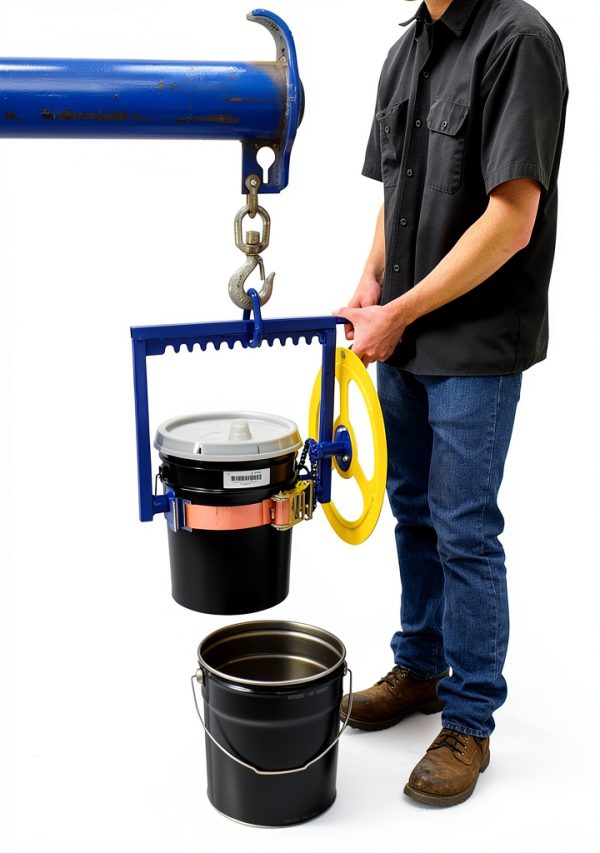Vestil PCT-5 Steel Manual Overhead Pail Dispenser 200lb Blue Yellow-3